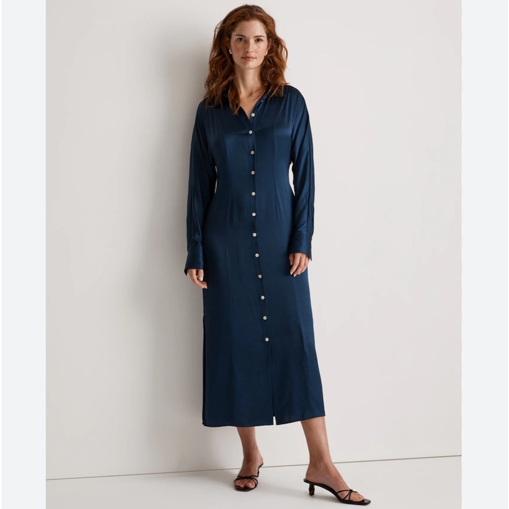 NWT Madewell Navy Blue Satin Button Front Shirt Dress in Size Small